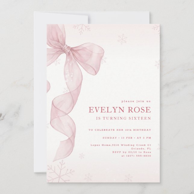 Blush Pink Bow Winter Snowflake 16th Birthday Invitation (Front)