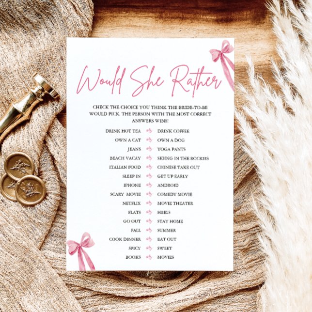 Blush Pink Bow Would She Rather Bridal Shower Game Invitation (Creator Uploaded)