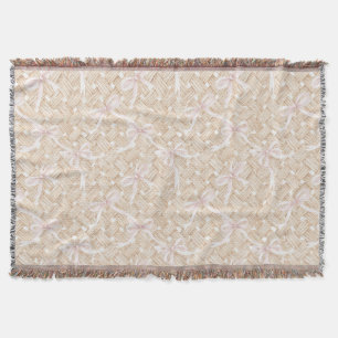 Blush Pink Bows Faux Basket Weave Birthday Throw Blanket