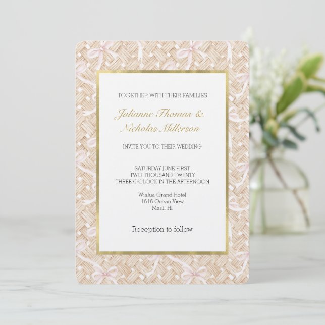 Blush Pink Bows Faux Basket Weave Wedding Invitation (Standing Front)
