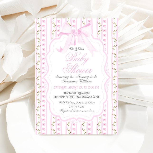 Blush Pink Bows Floral Elegant Girl Baby Shower Invitation (Creator Uploaded)