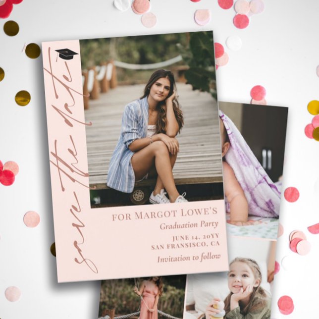 Blush Pink & Brass Calligraphy Graduation Save The Date (Creator Uploaded)