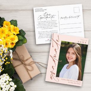 Blush Pink & Brass Calligraphy Photo Graduation Announcement Postcard