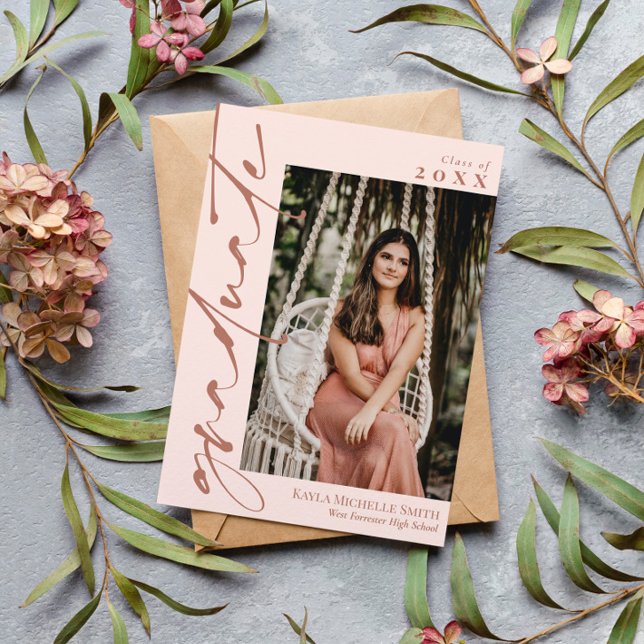 Blush Pink & Brass Calligraphy Photo Graduation Invitation (Creator Uploaded)