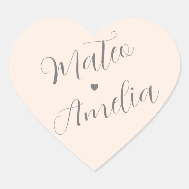 Blush Pink Bride and Groom Names on Wedding Heart Sticker (Front)