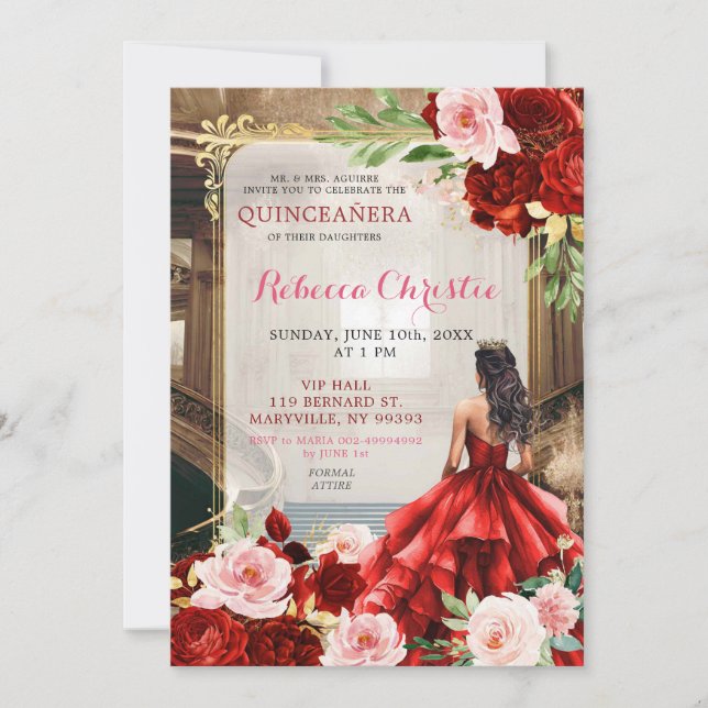 Blush Pink Bright Red Floral Quinceañera Invitation (Front)