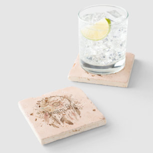 Blush Pink Brown Floral Dream Catcher    Stone Coaster