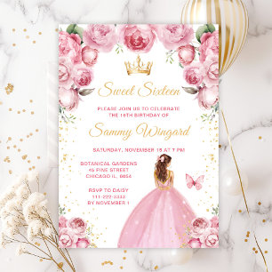 Blush Pink Brown Hair Princess Sweet Sixteen Invitation