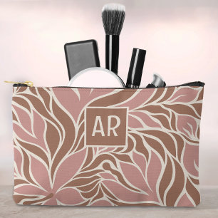 Blush Pink & Brown Modern Floral Pattern Monogram Accessory Pouch