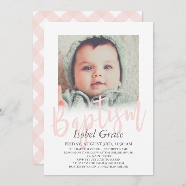 Blush Pink Brush Script Photo Baptism Invitation (Front/Back)