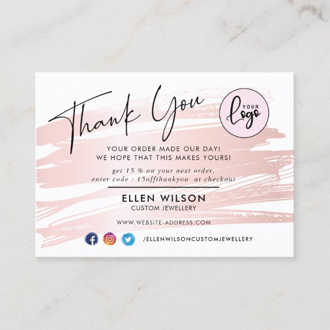 Blush Pink Brush Stroke Business Order Thank You  Card (Front)
