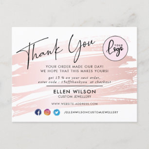 Blush Pink Brush Stroke Business Order Thank You Postcard
