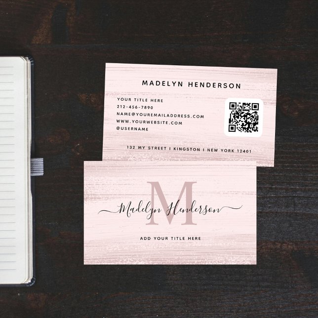 Blush Pink Brush Strokes Modern Brush QR Code Business Card (Creator Uploaded)