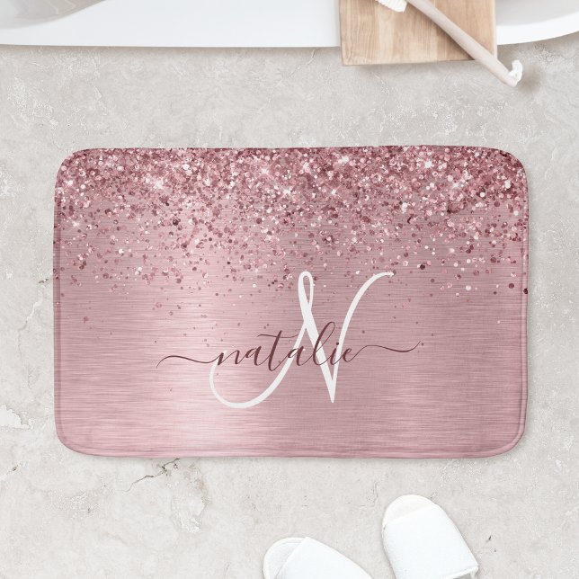 Blush Pink Brushed Metal Glitter Monogram Name Bath Mat (Creator Uploaded)