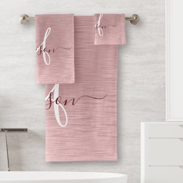Blush Pink Brushed Metal Glitter Monogram Name Bath Towel Set (Creator Uploaded)