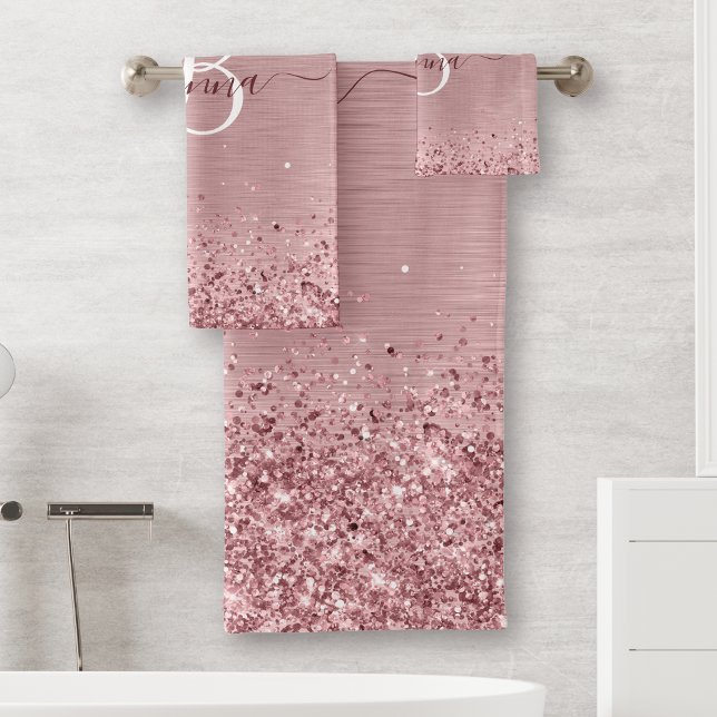 Blush Pink Brushed Metal Glitter Monogram Name Bath Towel Set (Creator Uploaded)