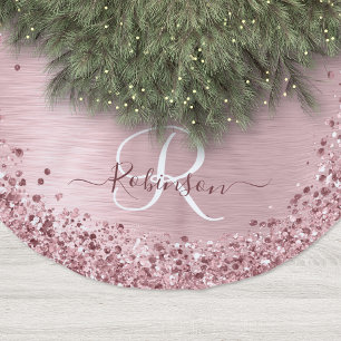 Blush Pink Brushed Metal Glitter Monogram Name Brushed Polyester Tree Skirt