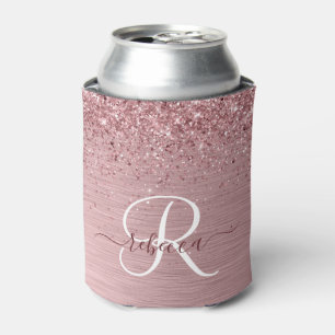 Blush Pink Brushed Metal Glitter Monogram Name Can Cooler