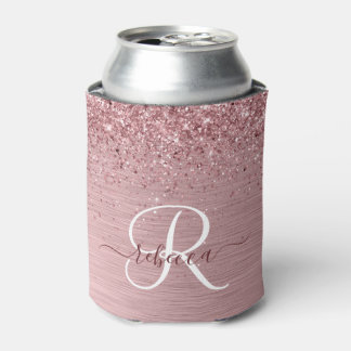 Blush Pink Brushed Metal Glitter Monogram Name Can Cooler