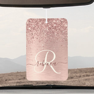 Blush Pink Brushed Metal Glitter Monogram Name Car Air Freshener