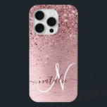 Blush Pink Brushed Metal Glitter Monogram Name iPhone 15 Pro Case<br><div class="desc">Easily personalise this trendy chic phone case design featuring pretty blush pink sparkling glitter on a blush pink brushed metallic background.</div>
