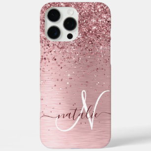 Blush Pink Brushed Metal Glitter Monogram Name iPhone 16 Pro Max Case