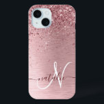 Blush Pink Brushed Metal Glitter Monogram Name iPhone 15 Case<br><div class="desc">Easily personalise this trendy chic phone case design featuring pretty blush pink sparkling faux glitter on a blush pink brushed metallic background.</div>