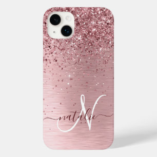 Blush Pink Brushed Metal Glitter Monogram Name Case-Mate iPhone 14 Plus Case