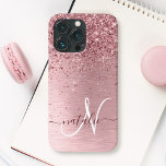 Blush Pink Brushed Metal Glitter Monogram Name iPhone 13 Pro Case<br><div class="desc">Easily personalize this trendy chic phone case design featuring pretty blush pink sparkling faux glitter on a blush pink brushed metallic background.</div>
