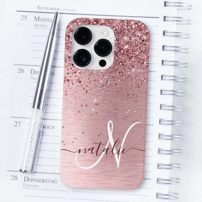Blush Pink Brushed Metal Glitter Monogram Name Case-Mate iPhone Case (Creator Uploaded)