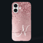 Blush Pink Brushed Metal Glitter Monogram Name iPhone 16 Case<br><div class="desc">Easily personalise this trendy chic phone case design featuring pretty blush pink sparkling glitter on a blush pink brushed metallic background.</div>
