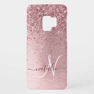 Blush Pink Brushed Metal Glitter Monogram Name Case-Mate Samsung Galaxy S9 Case