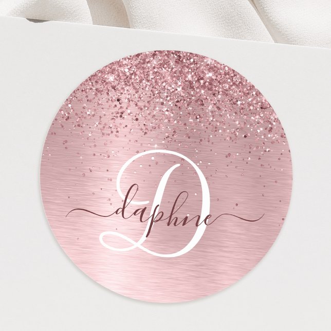 Blush Pink Brushed Metal Glitter Monogram Name Classic Round Sticker (Creator Uploaded)