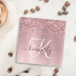 Blush Pink Brushed Metal Glitter Monogram Name Glass Coaster<br><div class="desc">Easily personalise this trendy chic glass coaster design featuring pretty blush pink sparkling glitter on a blush pink brushed metallic background.</div>