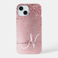 Blush Pink Brushed Metal Glitter Monogram Name
