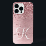 Blush Pink Brushed Metal Glitter Monogram Name iPhone 14 Pro Max Case<br><div class="desc">Easily personalise this trendy chic phone case design featuring pretty blush pink sparkling glitter on a blush pink brushed metallic background.</div>
