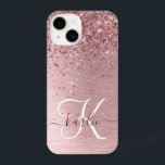 Blush Pink Brushed Metal Glitter Monogram Name iPhone 14 Case<br><div class="desc">Easily personalise this trendy chic phone case design featuring pretty blush pink sparkling glitter on a blush pink brushed metallic background.</div>