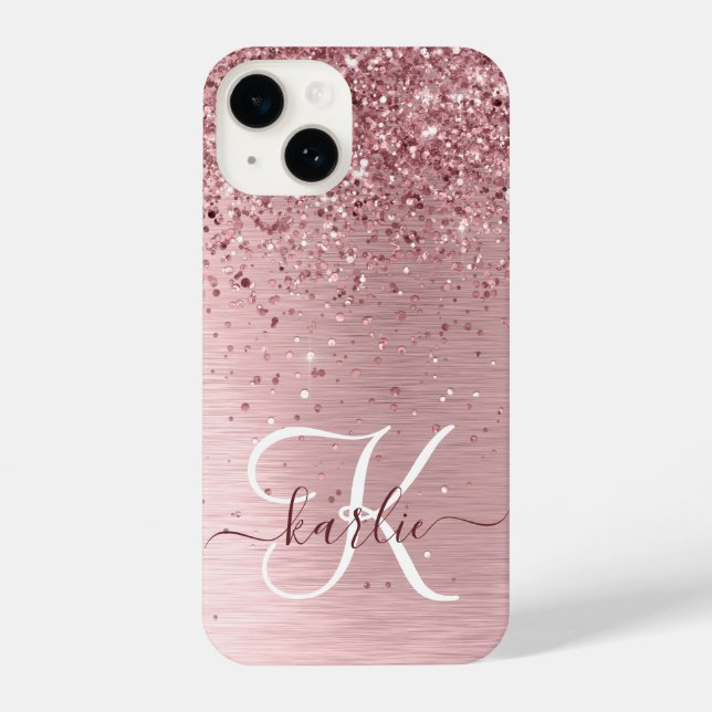 Blush Pink Brushed Metal Glitter Monogram Name iPhone Case (Back)