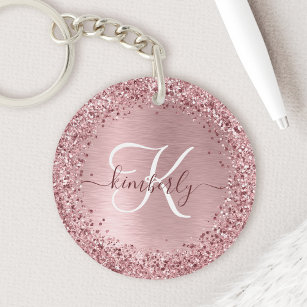 Blush Pink Brushed Metal Glitter Monogram Name Key Ring