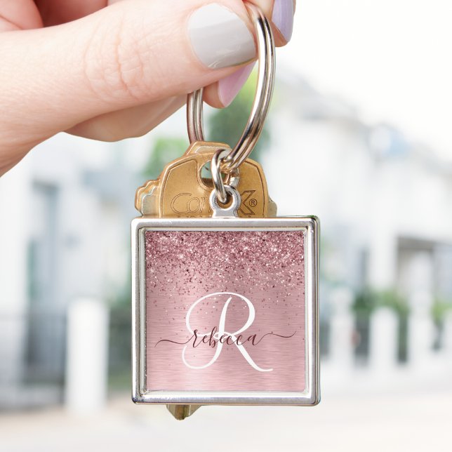 Blush Pink Brushed Metal Glitter Monogram Name Key Ring (Creator Uploaded)