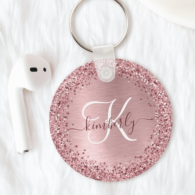 Blush Pink Brushed Metal Glitter Monogram Name Key Ring (Creator Uploaded)