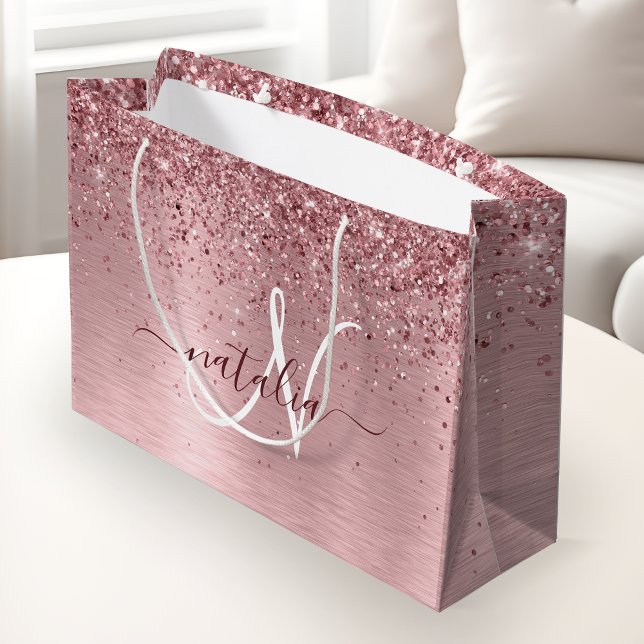 Blush Pink Brushed Metal Glitter Monogram Name Large Gift Bag (Creator Uploaded)