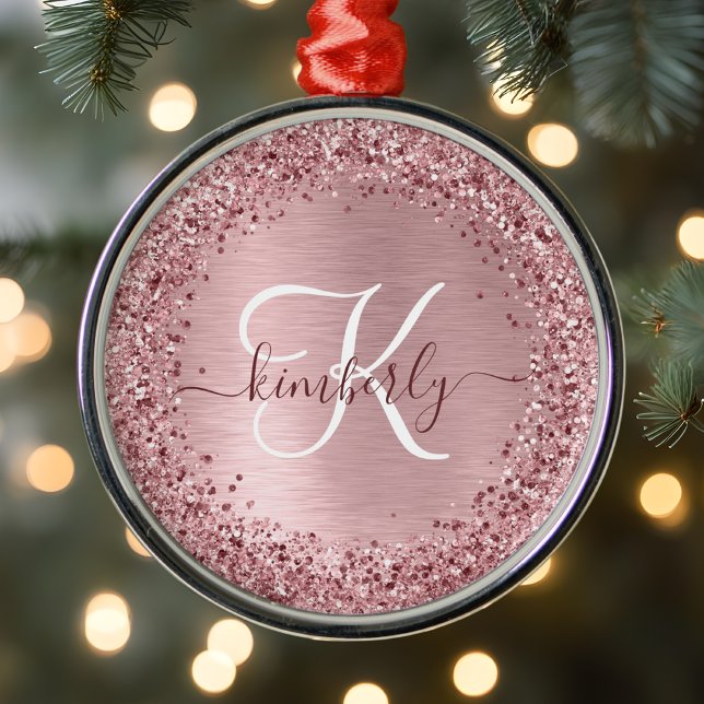 Blush Pink Brushed Metal Glitter Monogram Name Metal Ornament (Creator Uploaded)