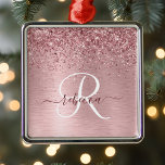 Blush Pink Brushed Metal Glitter Monogram Name Metal Ornament<br><div class="desc">Easily personalize this trendy chic ornament design featuring pretty blush pink sparkling glitter on a blush pink brushed metallic background.</div>