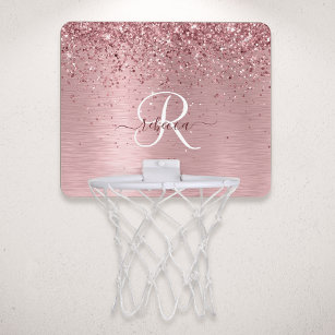 Blush Pink Brushed Metal Glitter Monogram Name Mini Basketball Hoop