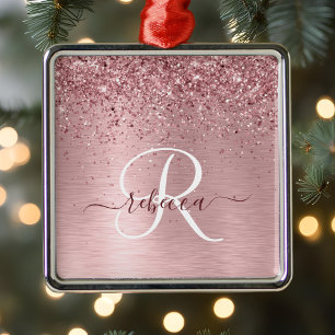 Blush Pink Brushed Metal Glitter Monogram Name Ornament
