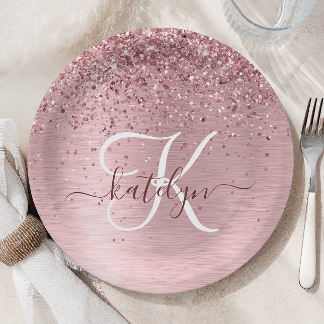 Blush Pink Brushed Metal Glitter Monogram Name Paper Plate (Creator Uploaded)