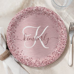 Blush Pink Brushed Metal Glitter Monogram Name Paper Plate<br><div class="desc">Easily personalise this trendy chic paper plate design featuring pretty blush pink sparkling glitter on a blush pink brushed metallic background.</div>