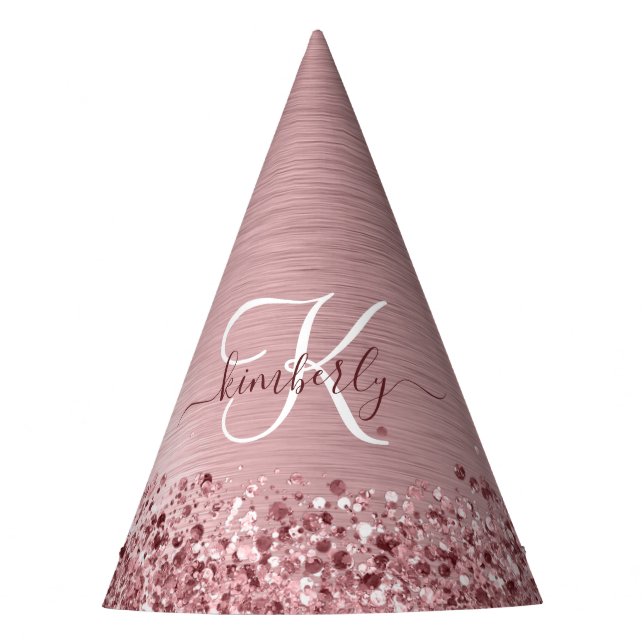 Blush Pink Brushed Metal Glitter Monogram Name Party Hat (Front)