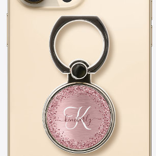 Blush Pink Brushed Metal Glitter Monogram Name Phone Ring Stand